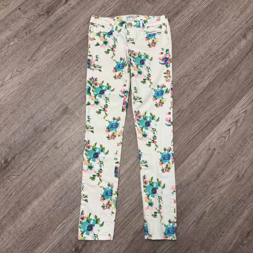Aeropostale Ashley Ultra Skinny Floral Jeans White Blue Pink Womens Size 1/2 Reg
